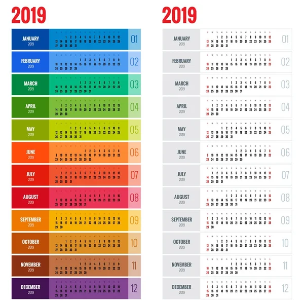 Modelo de planejador de calendário de parede anual para 2019 Ano . —  Vetores de Stock
