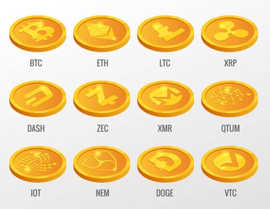 İzometrik vektör ayarla Bitcoin, Eth, STK, Xrp, Dash, Zec, Xmr, Qtum, çok, Nen, Doge ile Cryptocurrency altın sikkeleri Vtc. dijital sanal para, para şeklinde şifreleme güvenlik için kullanır