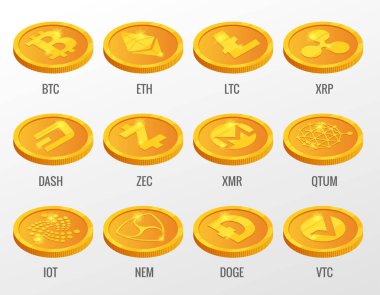 Isometric Vector set of Cryptocurrency gold coins with Bitcoin, ETH, LTC, XRP, DASH, ZEC, XMR, QTUM, IOT, NEN, DOGE, VTC. Digital virtual currency, form of money uses cryptography for security clipart