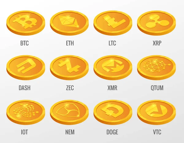 İzometrik vektör ayarla Bitcoin, Eth, STK, Xrp, Dash, Zec, Xmr, Qtum, çok, Nen, Doge ile Cryptocurrency altın sikkeleri Vtc. dijital sanal para, para şeklinde şifreleme güvenlik için kullanır