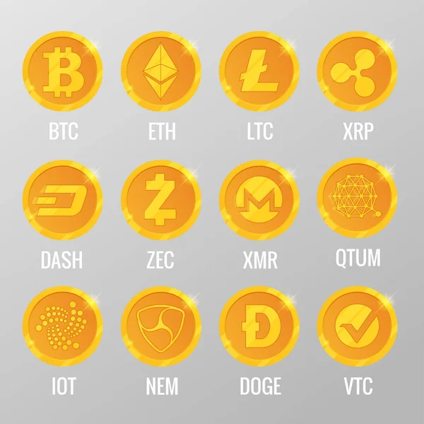 Conjunto de vectores de monedas de oro criptomoneda con Bitcoin, ETH, LTC, XRP, DASH, ZEC, XMR, QTUM, IOT, NEN, DOGE, VTC. Moneda virtual digital, forma de dinero utiliza criptografía para la seguridad, el comercio en línea — Archivo Imágenes Vectoriales