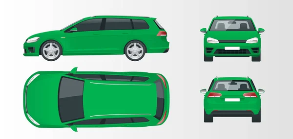 Vektor zöld ferdehátú autó. Kompakt hibrid jármű. Eco-barátságos hi-tech auto. Könnyű színváltozás. Sablon vektor elszigetelt fehér Kilátás első, hátsó, oldalsó, felső — Stock Vector