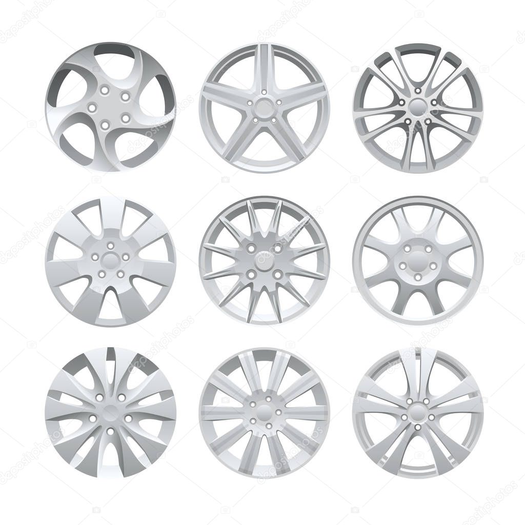 Close up of rims car alloy wheel. Aluminum wheel vector set. Figured alloy rim for car, tracks.
