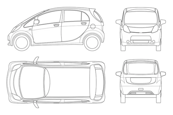 Véhicule électrique ou voiture hybride dans les grandes lignes. Eco-friendly high-tech auto. Facile à changer l'épaisseur des lignes. Modèle vecteur isolé sur blanc Vue avant, arrière, côté, haut — Image vectorielle