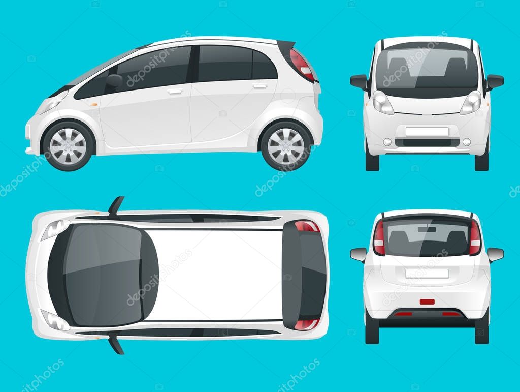 Electric vehicle or hybrid car. Eco-friendly hi-tech auto. Easy color change. Template vector isolated on white View front, rear, side, top