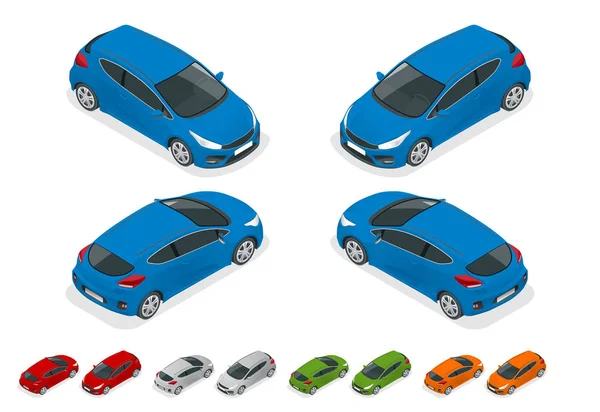 Vehículo deportivo isométrico o hatchback. Conjunto de coches SUV sobre fondo blanco, plantilla para branding y publicidad . — Vector de stock