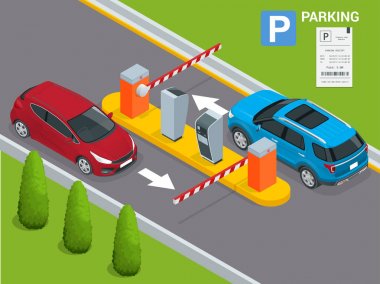 İzometrik Park ödeme istasyonu, erişim denetim kavramı. Giriş ve çıkış park alanı Otopark ücreti şarj etmek için araçları olarak, yüklü otopark bilet makineleri ve bariyer kapı kolu operatörleri.