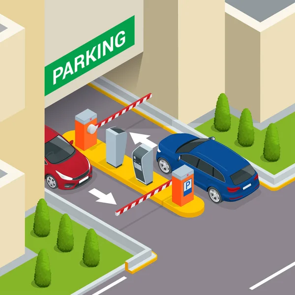 Station de paiement Isometric Parking, concept de contrôle d'accès. Des guichets automatiques de stationnement et des opérateurs de barrière sont installés à l'entrée et à la sortie de l'aire de stationnement comme outils pour facturer les frais de stationnement . — Image vectorielle