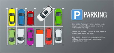 Vektör çizim şehir park yeri farklı araçları bir dizi. Kamu otopark. Düz resimde web için. Kentsel ulaşım. Büyük bir kalabalık park araba sayısı.