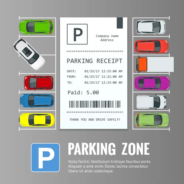 Voitures dans le parking et tickets de parking. Parking public. Illustration plate pour toile. Transport urbain. Grand nombre de voitures dans un parking bondé . — Image vectorielle