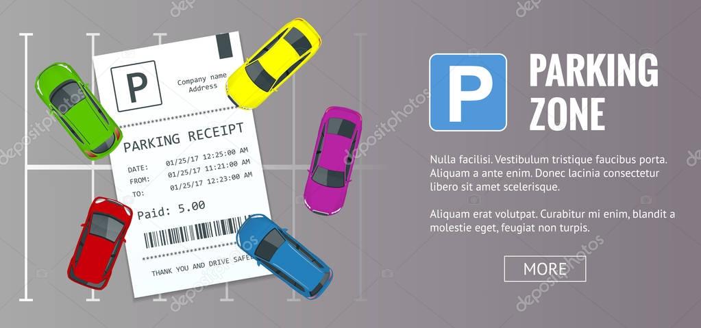 Cars in the parking lot and Parking tickets. Public car-park. Flat illustration for web. Urban transport. Large number of cars in a crowded parking.