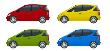 Küçük kompakt elektrikli araç ya da hibrid arabalar. Çevre dostu yüksek teknoloji otomatik. Kolay renk değişimi. Beyaz görünüm tarafında izole şablon vektör