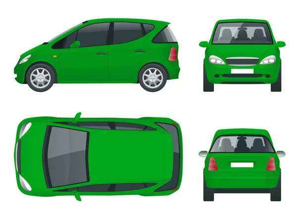 小的紧凑型电动汽车或混合动力汽车。环保型高科技汽车。容易的颜色变化。白视图前、 后、 侧，顶一个孤立的模板矢量 — 图库矢量图片
