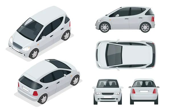 Vehículo eléctrico compacto pequeño o coche híbrido. Eco-friendly hi-tech auto. Fácil cambio de color. Plantilla vectorial aislada en blanco Vista frontal, trasera, lateral, superior e isométrica — Vector de stock