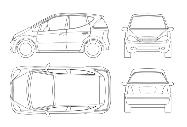 Small Compact Electric vehicle or hybrid car on outline. Eco-friendly hi-tech auto. Template vector isolated. View front, rear, side, top. Easy to change the thickness of the lines. — Stock Vector