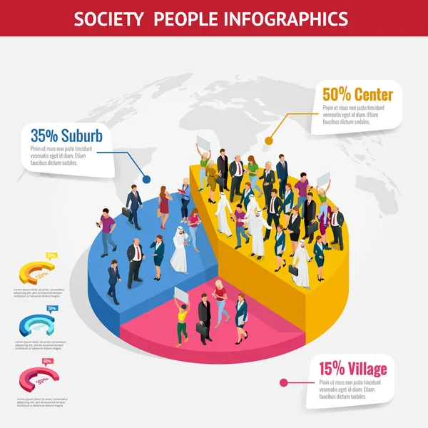 Infografía Sociedad de formación isométrica con personas de diferentes ocupaciones. Reunión de personas, discusión, planificación, lluvia de ideas en la pizarra — Vector de stock