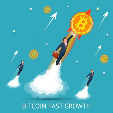 Bitcoin büyüyen hızlıdır. Dijital para, teknoloji dünya çapında ağ kavramı. Bir madeni para bitcoin ile işadamı çıkartıyor.