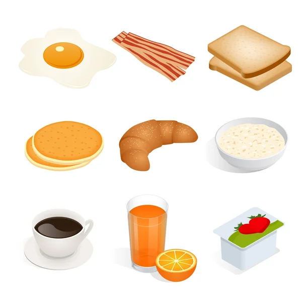 Conjunto de alimentos isométricos ovos mexidos, gema de ovo, café da manhã, comida, rápido, delicioso, bacon, pão, panquecas, croissant, aveia, café, chá, xícara, laranja, suco, vetor de iogurte isolado no fundo branco . —  Vetores de Stock