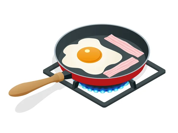 Huevos fritos isométricos con tocino en una sartén. Desayuno aislado sobre fondo blanco . — Vector de stock