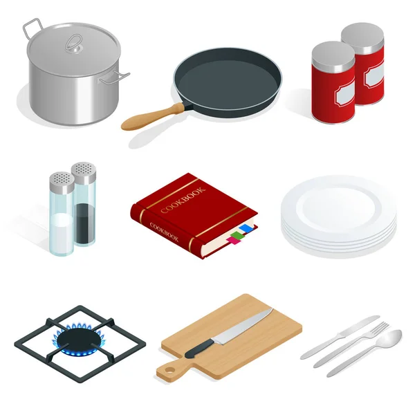 Изометрический векторный набор профессиональных кухонных принадлежностей и посуды на белом фоне . — стоковый вектор