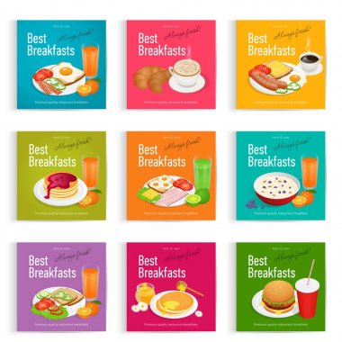Her zaman taze ve lezzetli breakfast posterleri ayarlayın. Sağlıklı gıda kavramı. Menü poster tasarımı.