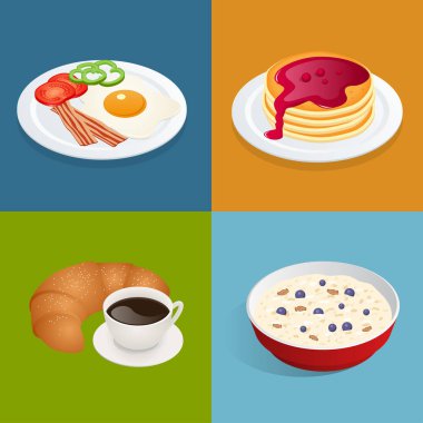 Her zaman taze ve lezzetli breakfast posterleri ayarlayın. Sağlıklı gıda kavramı. Menü poster tasarımı