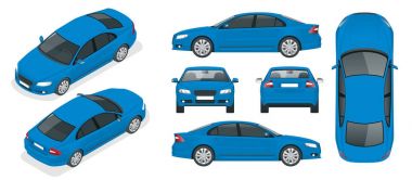 Sedan otomobil kümesi. İzole Araba, marka ve reklam için şablon. Ön, arka, yan, üst ve isometry ön ve geri tek bir tıklamayla rengini değiştirmek