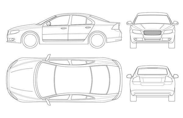 Sedan car in outline. Business sedan vehicle template vector isolated on white. View front, rear, side, top. All elements in groups