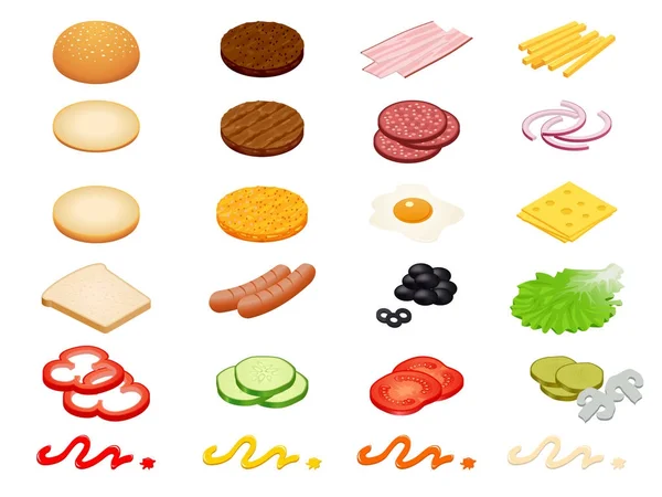 Set constructor vectorial isométrico Ingredientes de hamburguesa y bollos de hamburguesa aislados sobre fondo blanco. Jamón, queso, huevo, cebolla, tomate, pepino, champiñones, rábanos, ensalada, chuleta, papa y pimienta — Vector de stock