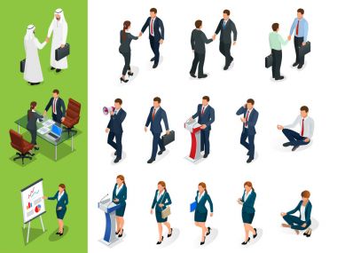 İzometrik iş pozlar karakter. El sıkışma. Küme Businessmans, Businesswomans ve Arap adamın beyaz arka plan üzerinde. Çizgi film insanlar. Vektör için kendi tasarım oluşturun.