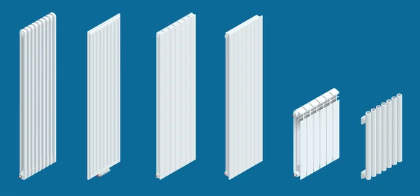 Calentadores verticales blancos isométricos o radiadores. Icono del equipo de clima doméstico con controles. Puede ser utilizado para la publicidad, infografías — Vector de stock