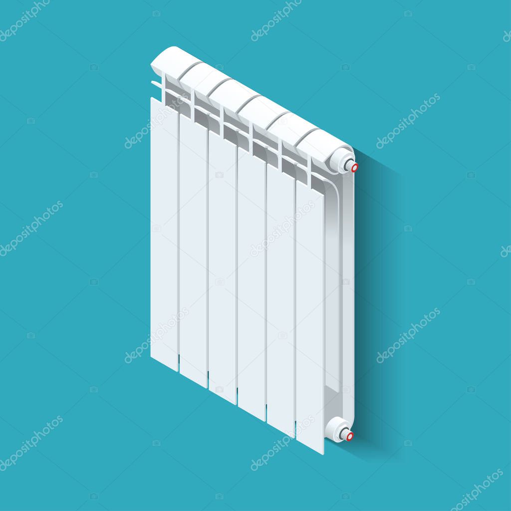 Isometric white Heating Radiator. Home climate equipment icon with controls. Can be used for advertisement, infographics
