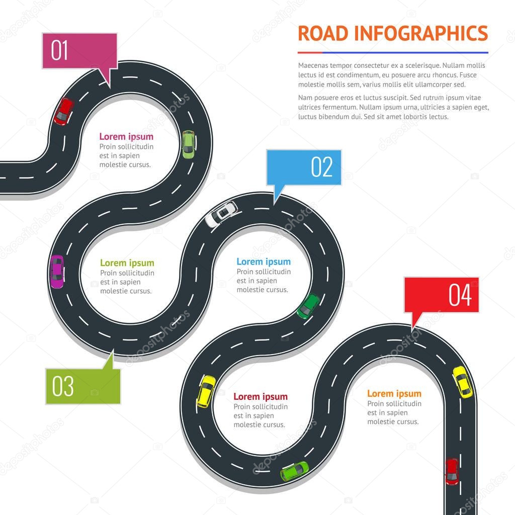 Road infographic with colorful pin pointer vector illustration. Moving cars on road, top view. Urban transport. Path and travel, information and traffic map of asphalt street in city or town