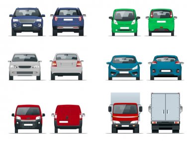 Vektör araçları ön ve arka görünümü ayarlayın. Sedan, off-road, kompakt, kargo kamyon, boş teslim minivan araçlar. Beyaz izole şablon vektör.