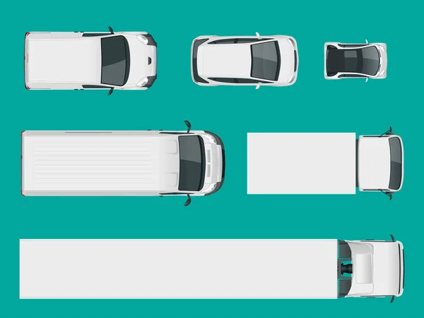 Ensemble de camions de fret. Vue d'en haut. Véhicules de livraison isolés. Camion cargo et Van. Illustration vectorielle . — Image vectorielle