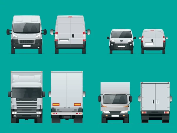 Set lading vrachtwagens front-en achterzicht. Leverende voertuigen geïsoleerd. Lading vrachtwagen en Van. Vectorillustratie. — Stockvector