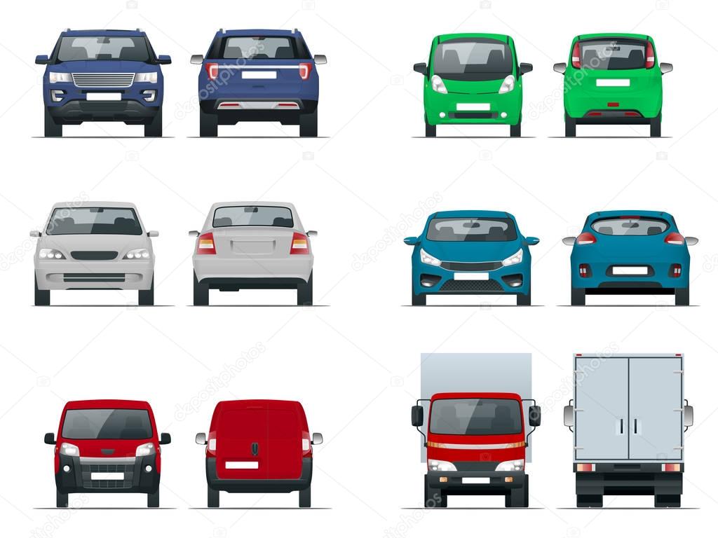 Vector set cars front and rear view. Sedan, off-road, compact, cargo truck, blank delivery minivan vehicles. Template vector isolated on white.