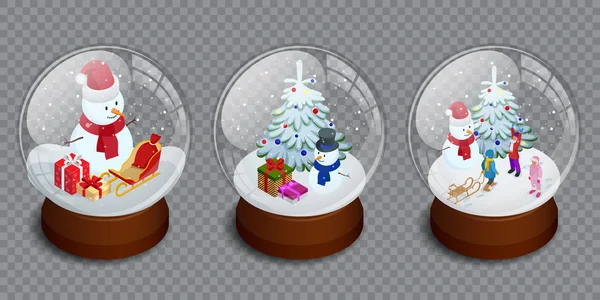 Isometrisches Set von frohen Weihnachten Glaskugel Kollektion. Vektorillustration. realistische Silvesterobjekt isoliert. transparentes Vektorobjekt für Design, Mock-up. — Stockvektor