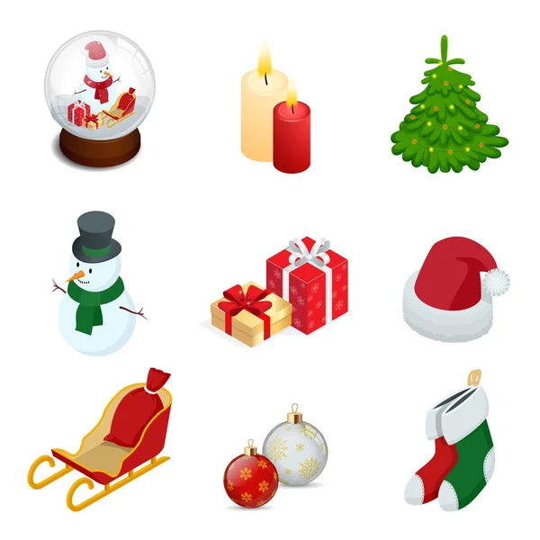 Ensemble isométrique de Noël nouvel an icônes de décoration de vacances ensemble isolé vecteur illustration Nouvel An s ballon, bougies, bonhomme de neige, cadeaux, arbre de Noël, chapeau de Père Noël, traîneau, jouets du Nouvel An — Image vectorielle