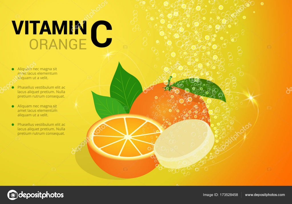 Vitamin C Orange soluble pills with orange flavour in water with sparkling  fizzy bubbles trail. Ascorbic acid. Vitamineral complex package design with  citrus yellow background. Treatment cold flu. Stock Vector Image by ©