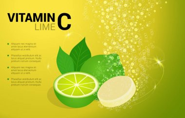 C vitamini kireç kireç lezzet köpüklü gazlı kabarcıklar iz ile suda çözünür haplarla. Askorbik asit. Vitamineral karmaşık paket tasarım narenciye sarı arka plana sahip.