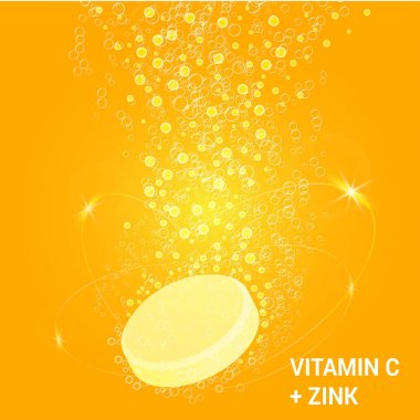 C vitamini limon lezzet köpüklü gazlı kabarcıklar iz ile suda çözünür haplarla. Askorbik asit. Vitamineral karmaşık paket tasarım narenciye sarı arka plana sahip. Tedavi soğuk grip.