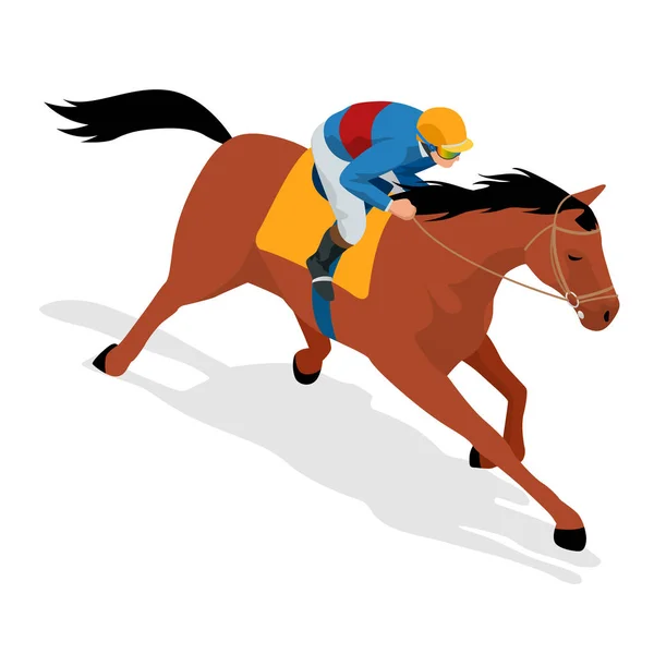 Isometrische Jockey op paard, kampioen, Paardrijden. Hippische sport. Jockey springen rijpaard. Poster. Sport achtergrond. Vectorillustratie. — Stockvector