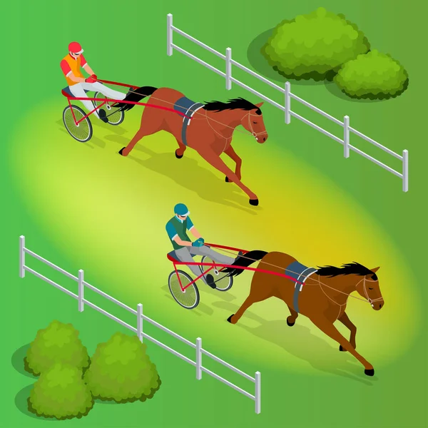 Izometryczne Jockey i konia. Konkurują ze sobą dwa konie wyścigowe. Wyścig w zaprzęgu z sulky lub rower wyścigowy. Ilustracja wektorowa. — Wektor stockowy