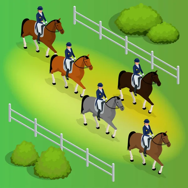 Issometric renpaarden en lady jockey in uniform. Paardensport springende atleten Sportvrouw Games. Kampioen. Racing. Harness racing in het Hippodrome. Vectorillustratie. — Stockvector