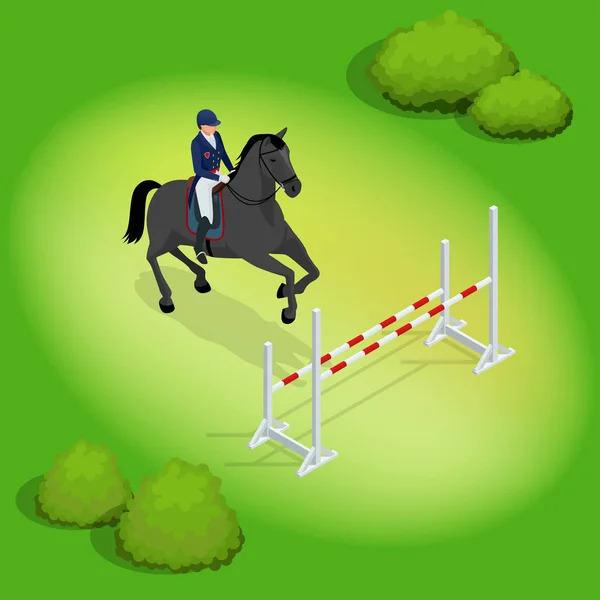 Isometrische jongere meisje sprong op horse show jumping wedstrijd uitvoeren. Hippische sport achtergrond. Vectorillustratie. Renpaarden en lady jockey in uniform. — Stockvector