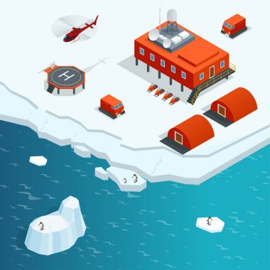 İzometrik Antarktika istasyonu veya polar istasyon binaları, meteorolojik araştırma ölçüm tower, araçlar, Helikopter pisti ile.