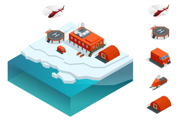 Estación isométrica Antártida o estación polar con edificios, torre de medición de investigación meteorológica, vehículos, helipuerto . — Vector de stock