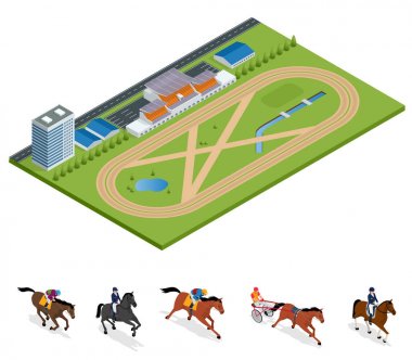 İzometrik dış Racecourse ve set jokey at üzerinde şampiyonu, spor arka plan için binme. Aygır yarış pisti. Vektör çizim. Atlı spor