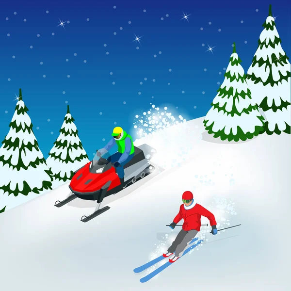 Mann fährt Motorschlitten und Skifahrer. Isometrische Vektorabbildung — Stockvektor